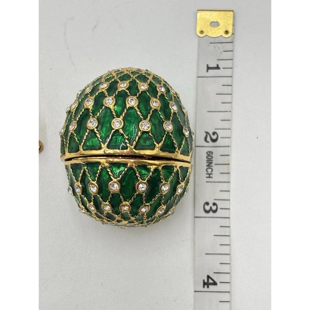 Jeweled Egg Trinket Box Green Enamel Rhinestone Gold Tone Hinged Decorative